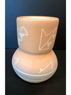 Handcrafted Native American Pottery Vase With Geometric Engraving Signed